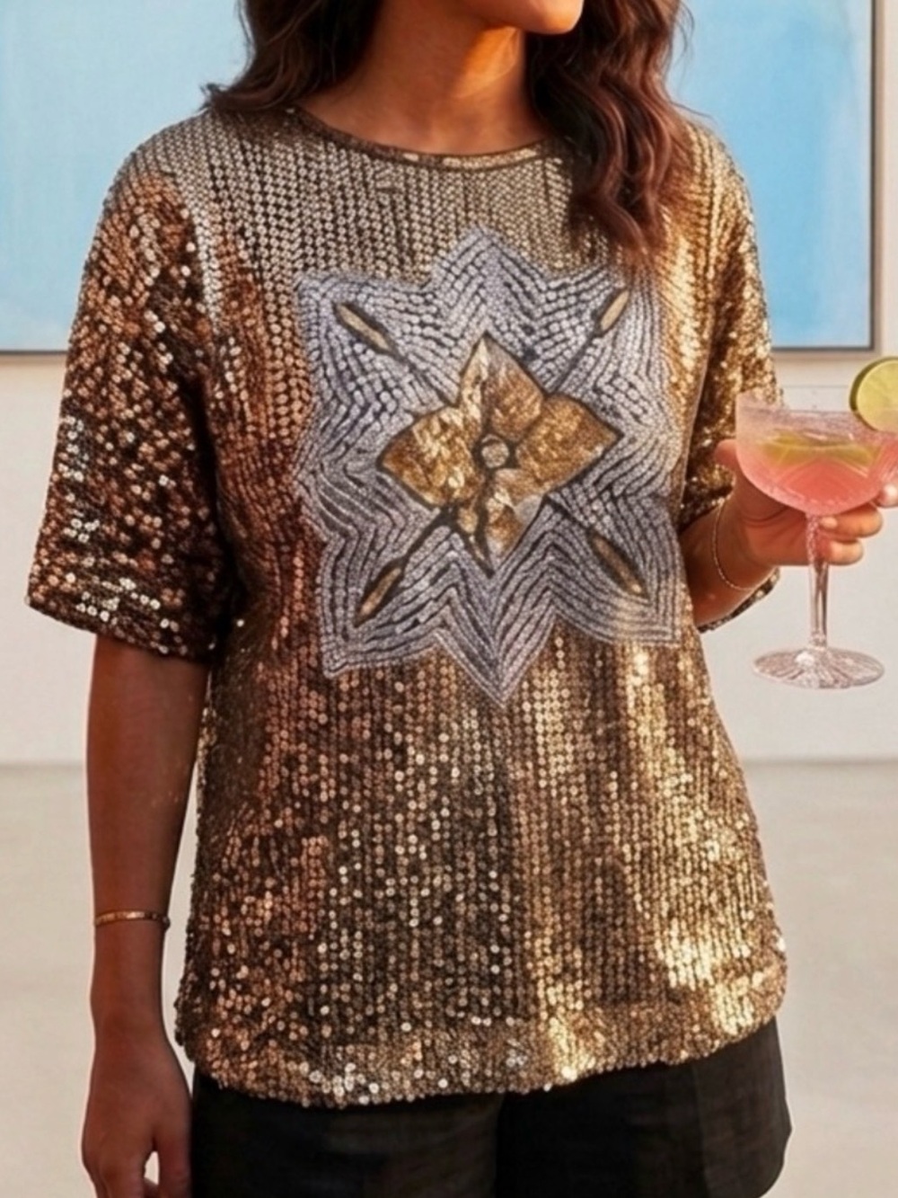 VTG 90s Hand-Sequined Silk Blouse L Metallic Boho Chic Luxury Festival Event